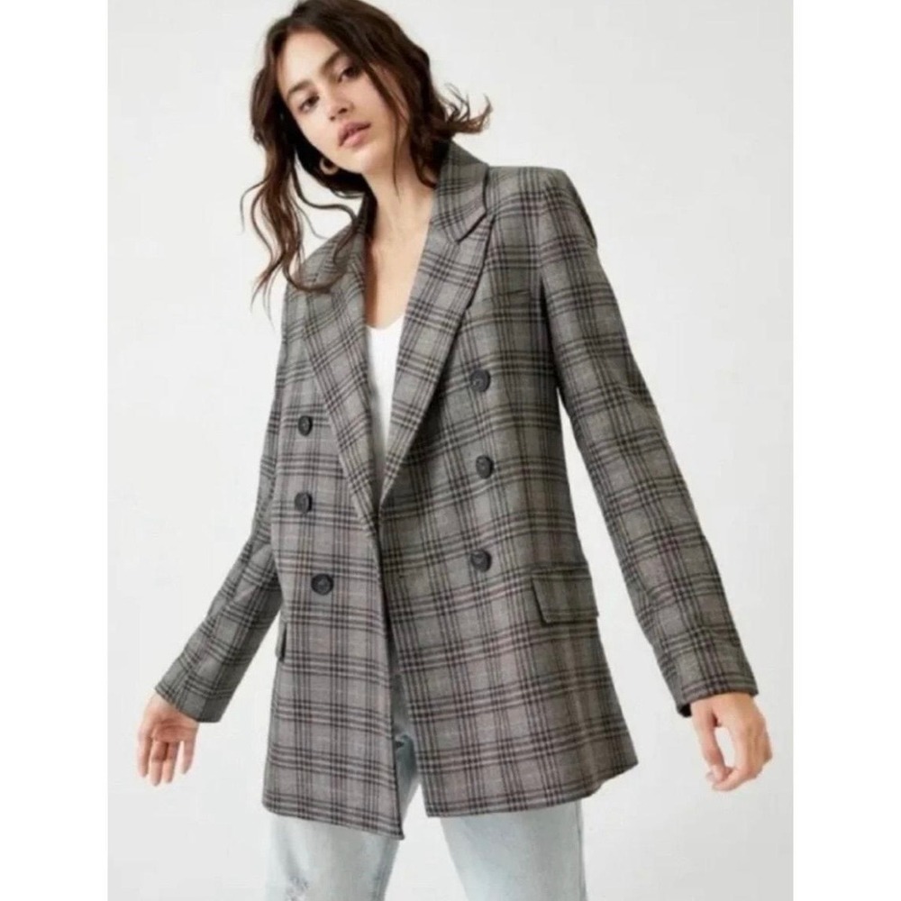 Free People Grey Plaid Double Breasted Blazer Jacket Grey XS